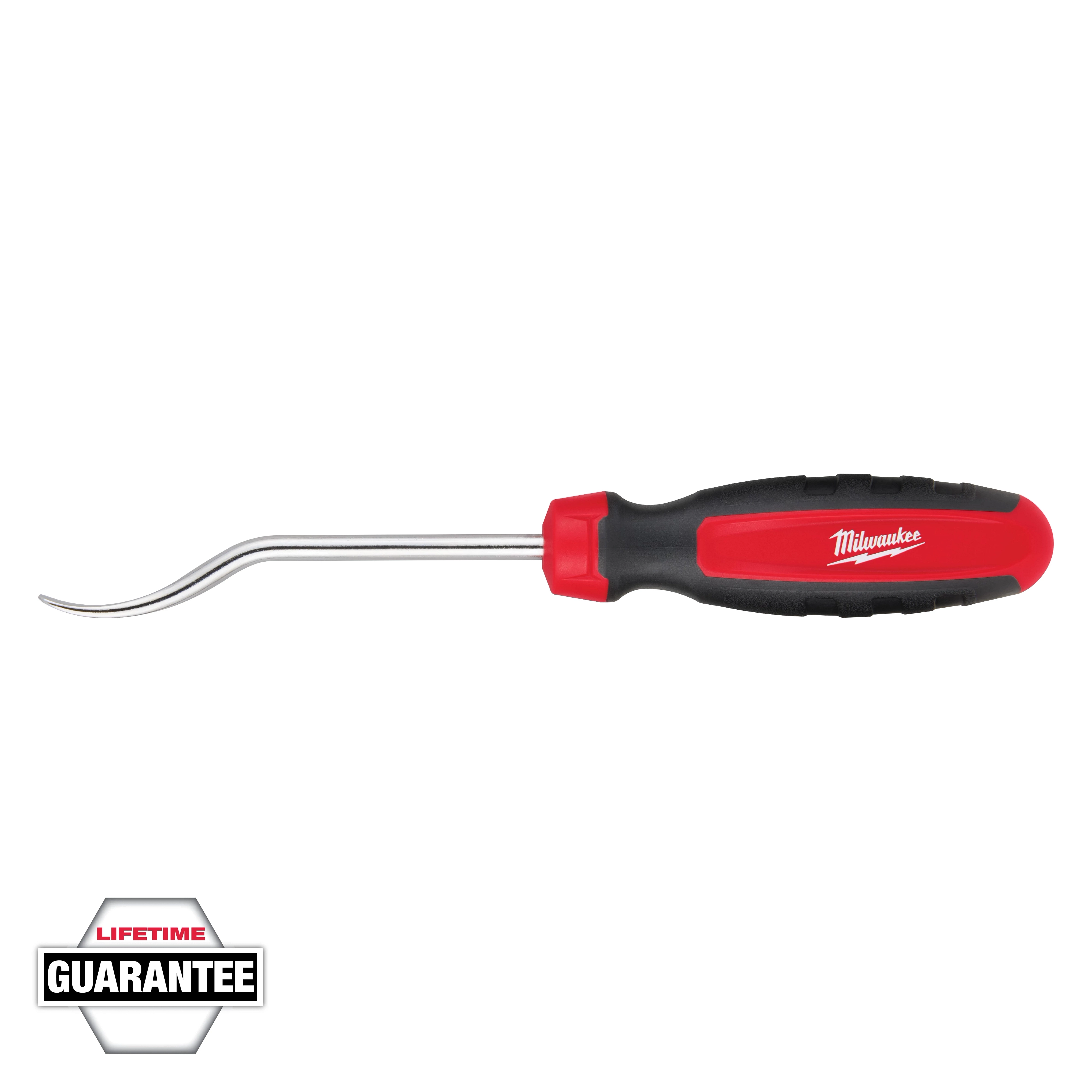 This image shows a Milwaukee hook and pick tool with a red and black handle and a curved metal end. The Milwaukee logo is printed on the handle. A "Lifetime Guarantee" badge is displayed in the lower left corner.