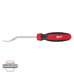 This image shows a Milwaukee hook and pick tool with a red and black handle and a curved metal end. The Milwaukee logo is printed on the handle. A "Lifetime Guarantee" badge is displayed in the lower left corner.