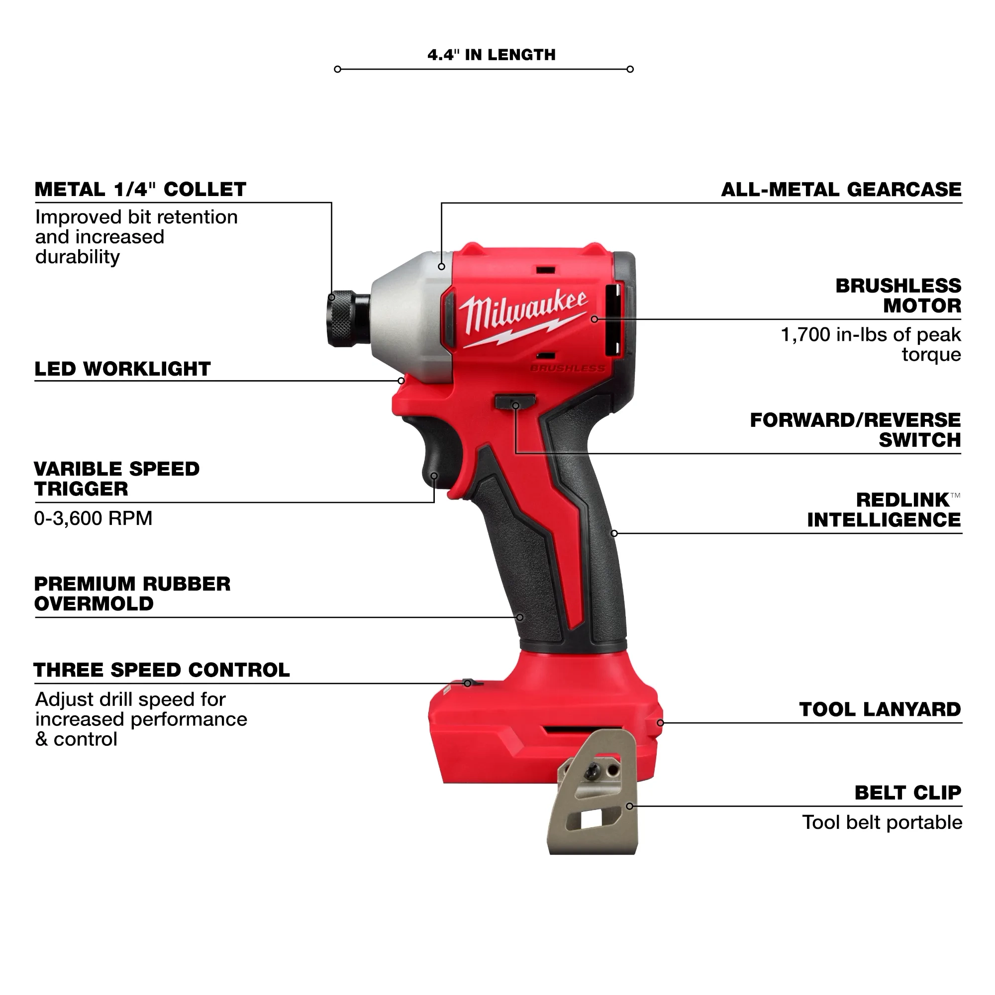 Compact Brushless 1/4" Hex 3-Speed Impact Driver is 4.4" in length