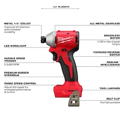 Compact Brushless 1/4" Hex 3-Speed Impact Driver is 4.4" in length
