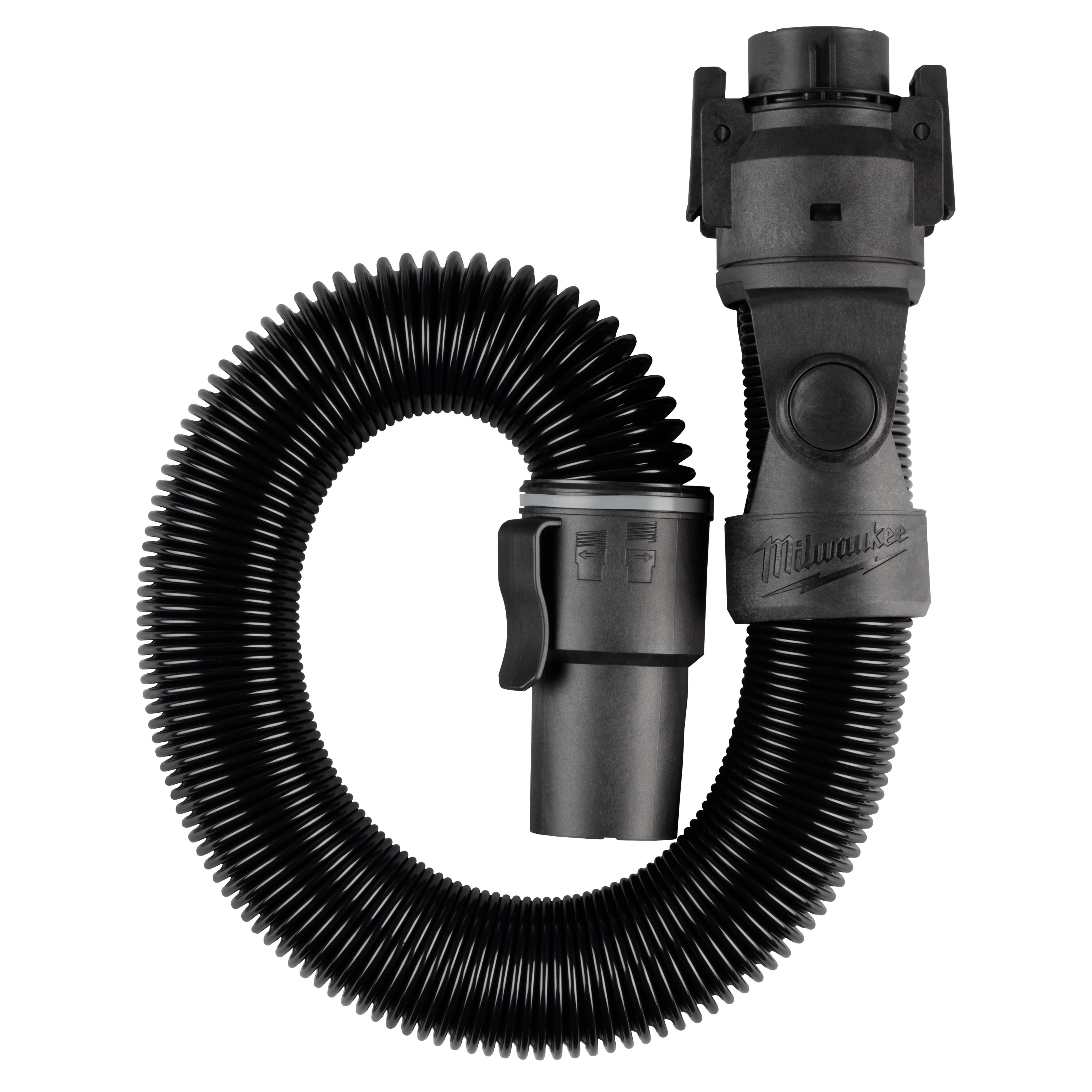 The image depicts a Milwaukee 1-7/8" x 6' Flexible Hose, designed for use with vacuum systems. The black, ribbed hose is coiled with connectors on both ends, featuring a latch mechanism to secure attachments.