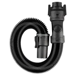 The image depicts a Milwaukee 1-7/8" x 6' Flexible Hose, designed for use with vacuum systems. The black, ribbed hose is coiled with connectors on both ends, featuring a latch mechanism to secure attachments.