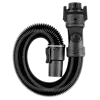 The image depicts a Milwaukee 1-7/8" x 6' Flexible Hose, designed for use with vacuum systems. The black, ribbed hose is coiled with connectors on both ends, featuring a latch mechanism to secure attachments.