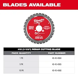 Image of a Milwaukee M18 FUEL™ #10 (1-1/4") Rebar Cutter blade. The circular blade is red and silver with product details. Below is a chart indicating pack quantities and part numbers available. The heading reads "BLADES AVAILABLE."