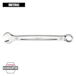 This image shows a Milwaukee brand 18mm metric combination wrench with an open-end and a box-end. The wrench is chrome-plated and engraved with "18" on both ends. A "Lifetime Guarantee" label is visible at the bottom left corner.