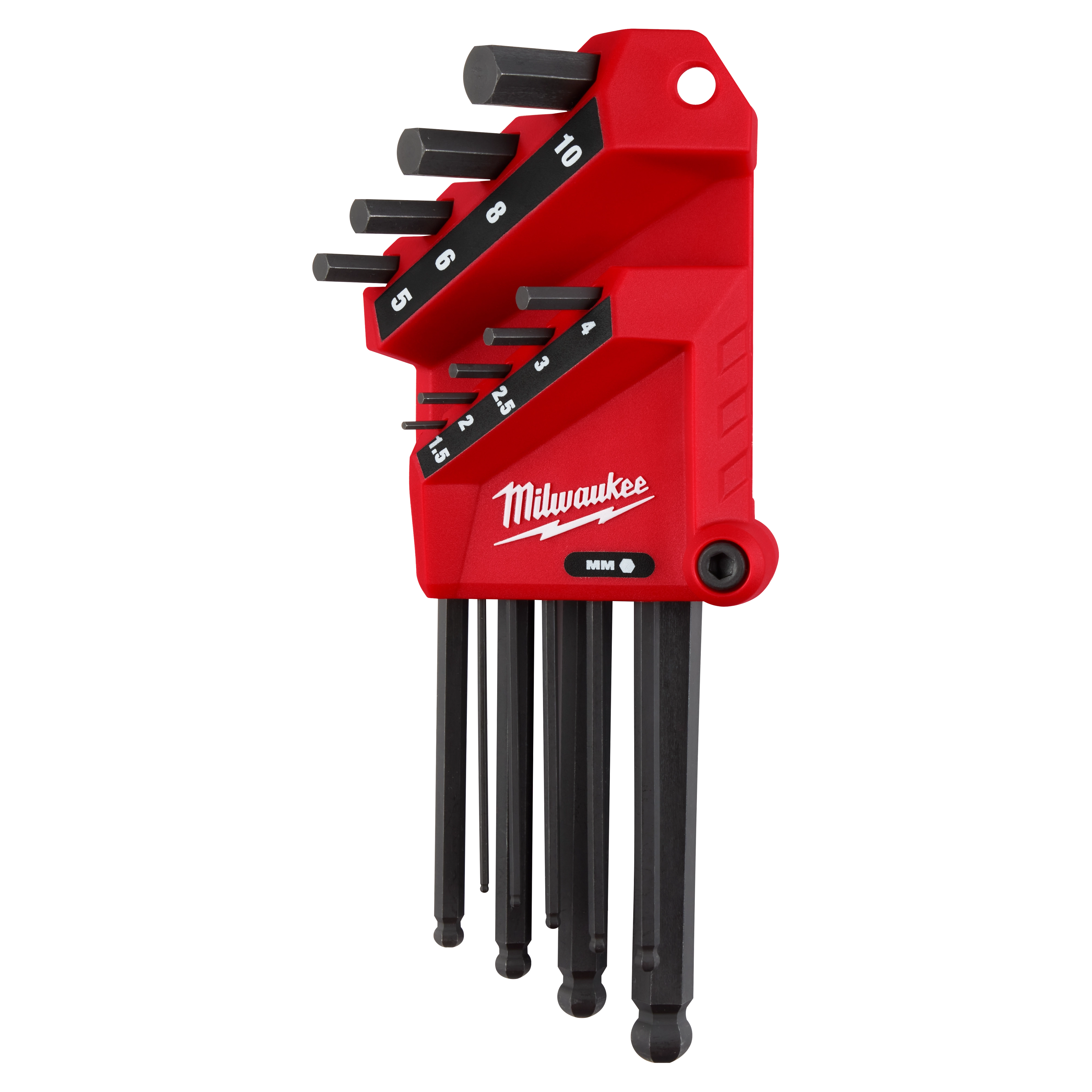 9-Key Ball End L-Key Set - Metric with sizes 1.5-10 mm, stored in a red holder with labeled slots.