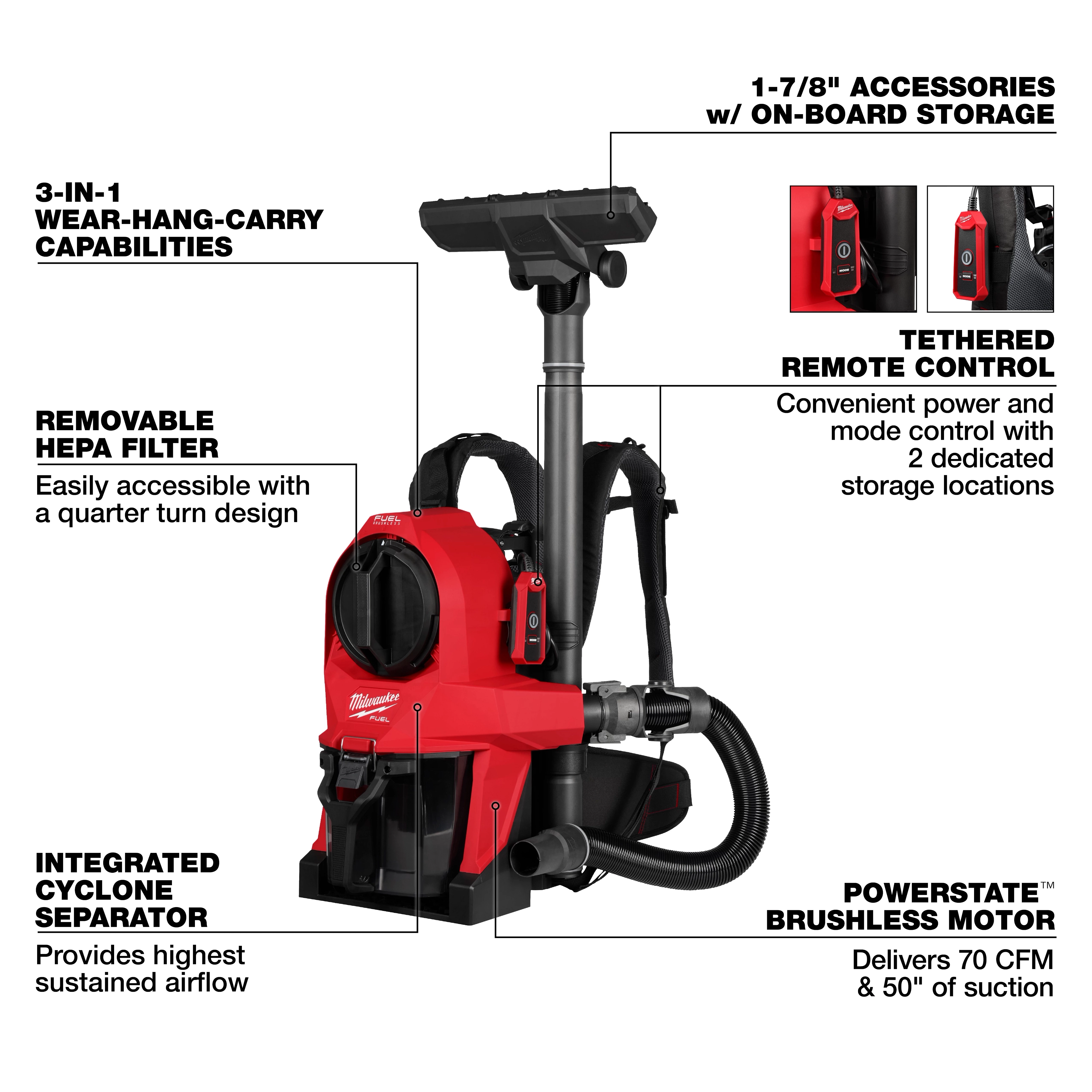 The M18 FUEL™ 3-in-1 Backpack Vacuum features removable HEPA filter, integrated cyclone separator, and Powerstate™ brushless motor delivering 70 CFM. It includes 1-7/8" accessories with on-board storage, tethered remote control with dual-location storage, and 3-in-1 wear-hang-carry capabilities for versatile and efficient cleaning.