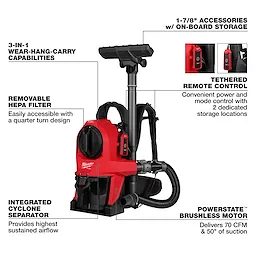 The M18 FUEL™ 3-in-1 Backpack Vacuum features removable HEPA filter, integrated cyclone separator, and Powerstate™ brushless motor delivering 70 CFM. It includes 1-7/8" accessories with on-board storage, tethered remote control with dual-location storage, and 3-in-1 wear-hang-carry capabilities for versatile and efficient cleaning.