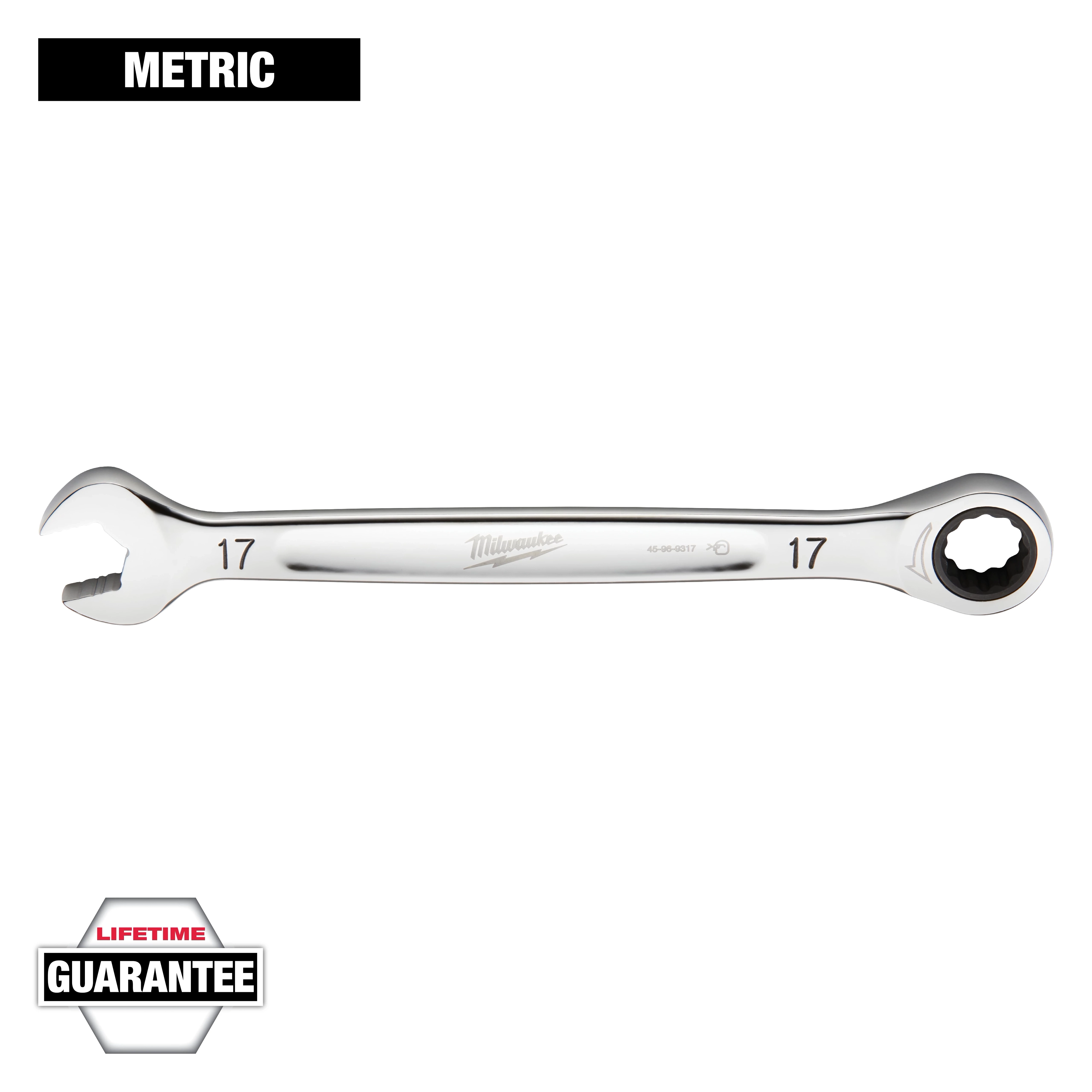A 17 mm Milwaukee combination wrench with a polished chrome finish is displayed. It features a lifetime guarantee and is part of the metric tool series.