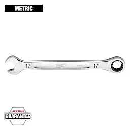 A 17 mm Milwaukee combination wrench with a polished chrome finish is displayed. It features a lifetime guarantee and is part of the metric tool series.