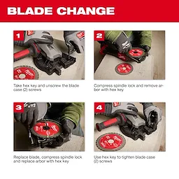 The image shows a step-by-step guide on how to change the blade of an M18 FUEL™ #10 (1-1/4") Rebar Cutter. Four steps involve using an allen key to unscrew, compress spindle lock, replace blade, and tighten blade case screws.