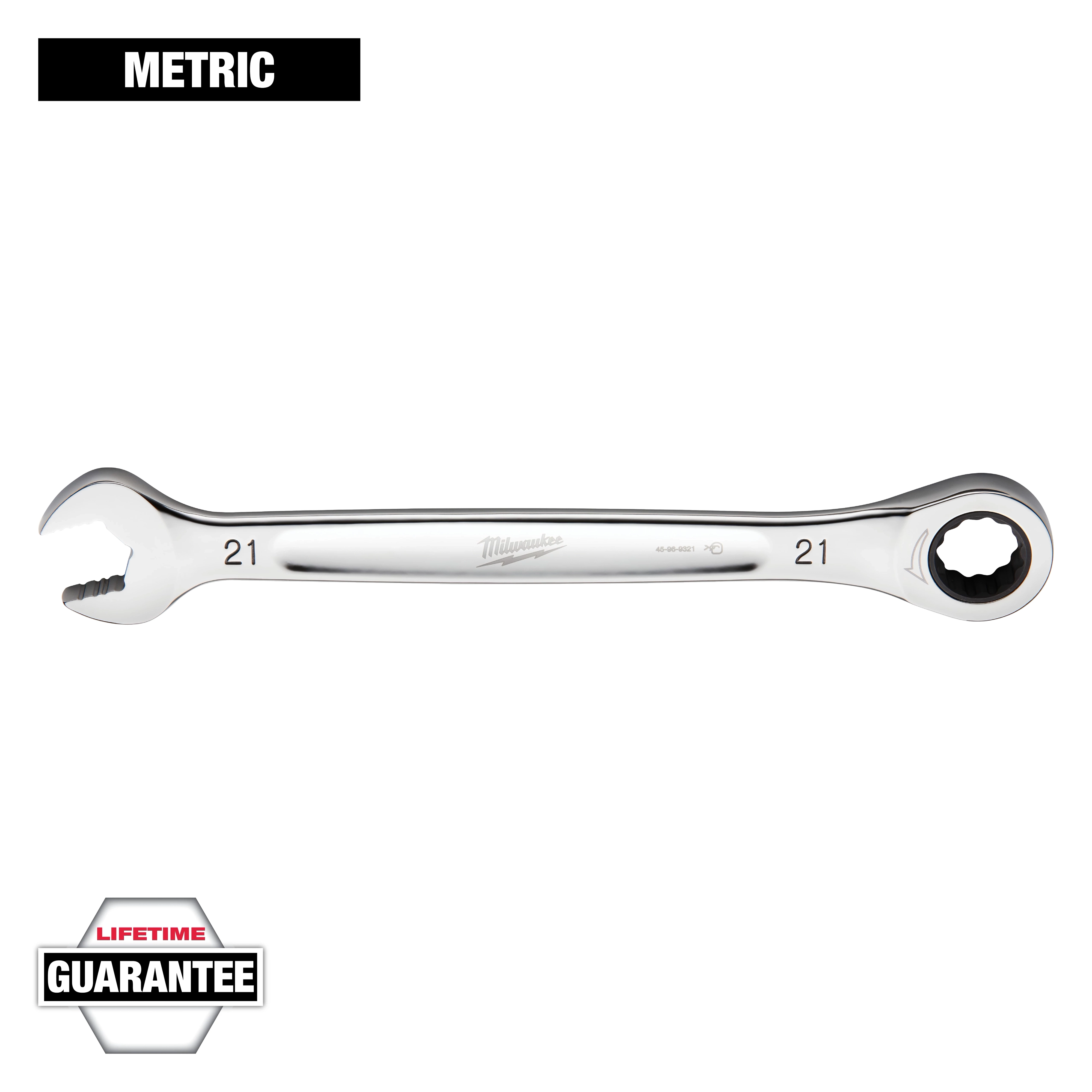 This image shows a Metric Milwaukee combination wrench with a 21mm size. It has an open end and a ratcheting box end. The wrench features a Lifetime Guarantee as indicated by the logo at the bottom left corner of the image.