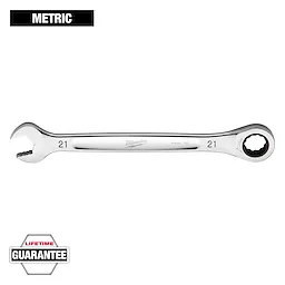 This image shows a Metric Milwaukee combination wrench with a 21mm size. It has an open end and a ratcheting box end. The wrench features a Lifetime Guarantee as indicated by the logo at the bottom left corner of the image.