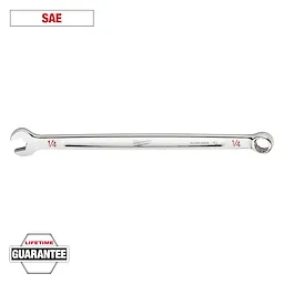 The image shows a 1/4 inch SAE combination wrench by Milwaukee, featuring an open end and a boxed end. The tool is made of polished metal and comes with a lifetime guarantee. The word "SAE" is displayed at the top, and "Lifetime Guarantee" is shown at the bottom left.