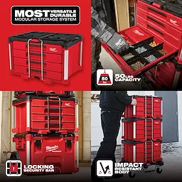 PACKOUT 4 Drawer Tool Box with 50 lbs capacity, locking security bar, and impact-resistant body, promoting modular storage system.