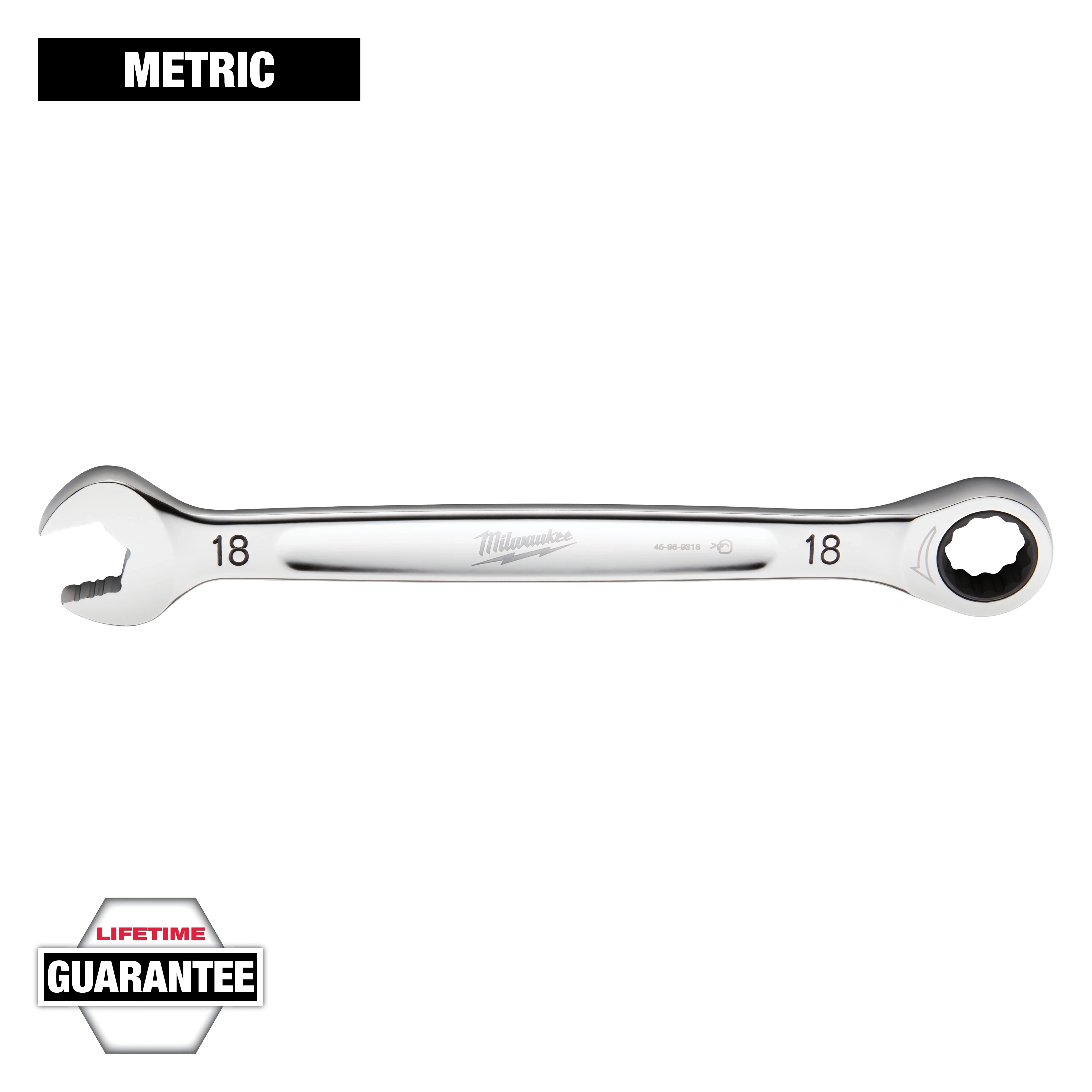 This image shows an 18mm Milwaukee metric wrench with an open-end and a ratcheting box-end. The wrench is silver, and the number 18 is printed on each end. The top left corner says "METRIC" and the bottom left corner shows a "Lifetime Guarantee" badge.
