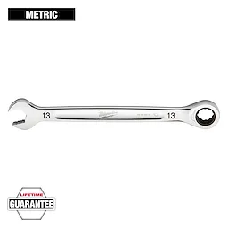 A 13mm Milwaukee combination wrench with an open-end and a ratcheting box-end. The image labels it as a metric tool and highlights a lifetime guarantee.
